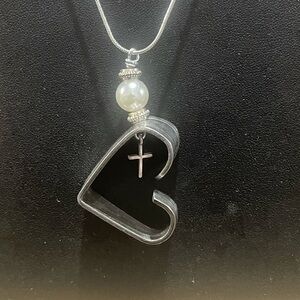 Cross my Heart Pendant Necklace with Pearl Accent  vintage silverware Jewelry